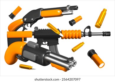 Creative concept of modern firearms. Different types of weapons and bullets