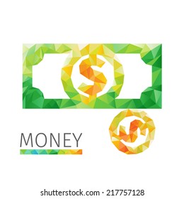Creative concept of the money, dollar bill, coin consists of colorful polygons, vector