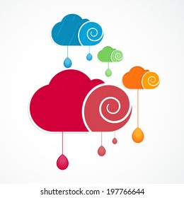 Creative concept for Monsoon Season with colorful clouds and rain drops over white background. 