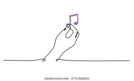 Conceito criativo de música e paixão. desenho contínuo de uma linha mostra uma mão segurando uma nota de clave aguda, um símbolo simples de melodia e desempenho.