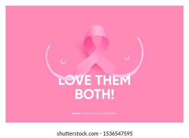 Creative concept for October breast cancer awareness month poster. Minimal idea with pink ribbon and text. ideal for social media, ad, banner, cover, web, print.