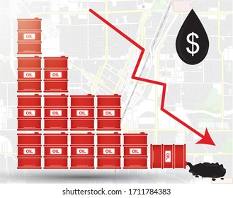 Creative concept of oil barrel spilling down. World refinery crisis. Crude petrol price plunges. OPEC concept.