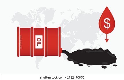 Concepto creativo de derrame de barril de petróleo debido a la caída de los precios del petróleo debido al brote del coronavirus COVID-19. Crisis mundial de las refinerías. El precio de la gasolina en bruto se desploma. 