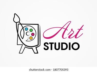 Concepto creativo de una línea para escuela de arte o estudio de arte. Icono de paleta y pincel de caballete. Cartel de la academia de pintura. 