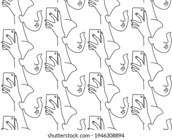 Creative concept pattern.Trende line drawing seamless pattern of girl using mobile phone or smartphone. Abstract minimalistic female face. 