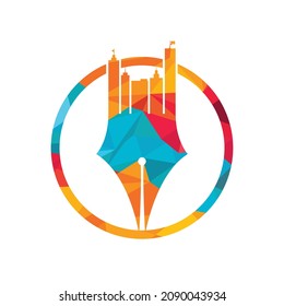 Creative concept with pen and city skyline logo design. Commercial buildings construction symbol.	
