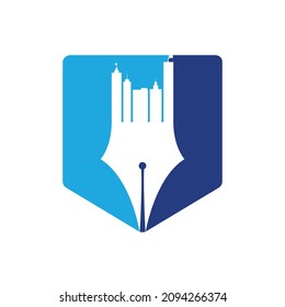 Creative concept with pen and city skyline logo design. Commercial buildings construction symbol.	