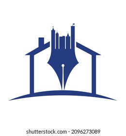 Concepto creativo con diseño de lápiz y logo de la ciudad. Símbolo de construcción de edificios comerciales.	