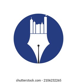 Creative concept with pen and city skyline logo design. Commercial buildings construction symbol.	