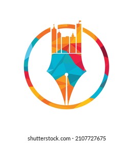 Creative concept with pen and city skyline logo design. Commercial buildings construction symbol.	