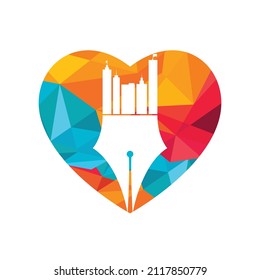 Creative concept with pen and city skyline logo design. Commercial buildings construction symbol.	
