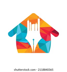Creative concept with pen and city skyline logo design. Commercial buildings construction symbol.	