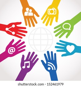 Creative concept of people connected. People hands with multimedia symbol connected to a global shape. Technology and people share concept.