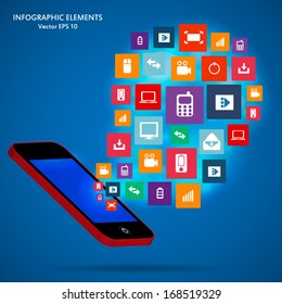 Creative concept phone with cloud of colorful application icon. Vector illustration creative template design, Business software and social media 