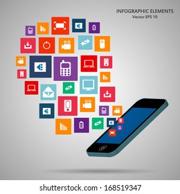 Teléfono de concepto creativo con nube de icono de aplicación de colores. Ilustración vectorial de diseño de Plantilla creativa, software de negocios y redes sociales 