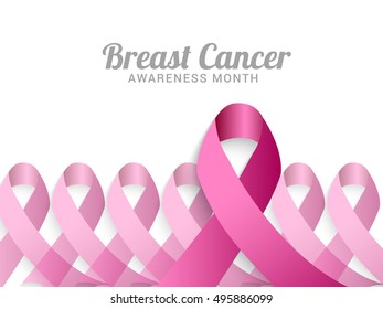 Creative concept poster or banner of Breast Cancer Awareness month with shiny pink ribbon.