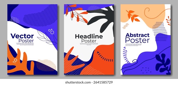 Creative concept of poster with leafs and botanical elements. Set with abstract tropical leaves. Modern art minimalist style design templates for banner, cover, label, poster. Vector illustration. 