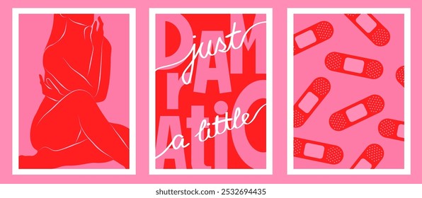 Creative concept of poster set. Modern art design with patches, typography and woman body. Templates for celebration, ads, branding, banner, cover, label, poster, sales