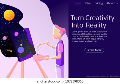 Creative concept, productivity ,art website landing page, Turn Creativity into Reality. Illustration a creative boy painting a galaxy in a canvas.