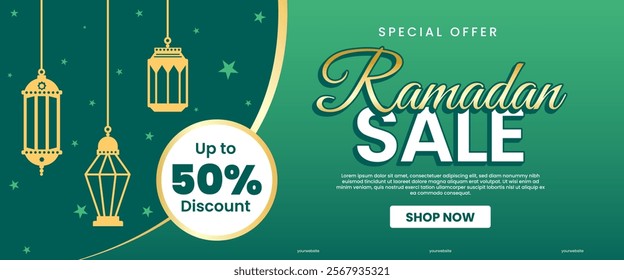 Creative concept of Ramadan Kareem Islamic banner sale template, promotion, header, web. Modern art design with pattern of beautiful Arabic ornament the backdrop of a bright big crescent moon and star