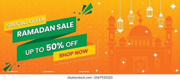 Creative concept of Ramadan Kareem Islamic banner sale template, promotion, header, web. Modern art design with pattern of beautiful Arabic ornament the backdrop of a bright big crescent moon and star