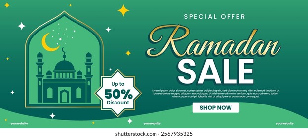 Creative concept of Ramadan Kareem Islamic banner sale template, promotion, header, web. Modern art design with pattern of beautiful Arabic ornament the backdrop of a bright big crescent moon and star