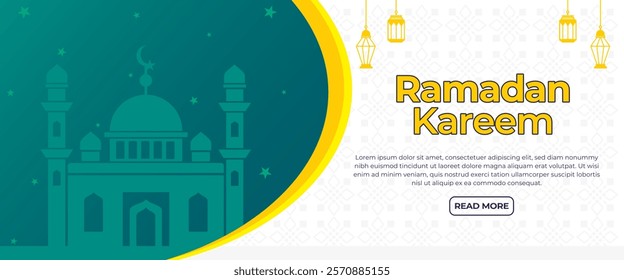 Creative concept of Ramadan Kareem Islamic banner, header, web template. Modern art design with pattern of beautiful Arabic ornament the backdrop of a bright big crescent moon and star