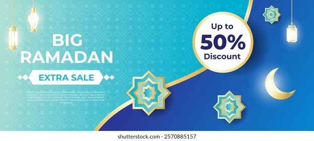 Creative concept of Ramadan Kareem Islamic banner sale template, promotion, header, web. Modern art design with pattern of beautiful Arabic ornament the backdrop of a bright big crescent moon and star