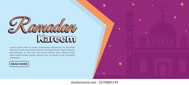 Creative concept of Ramadan Kareem Islamic banner, header, web template. Modern art design with pattern of beautiful Arabic ornament the backdrop of a bright big crescent moon and star