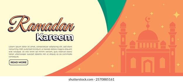 Creative concept of Ramadan Kareem Islamic banner, header, web template. Modern art design with pattern of beautiful Arabic ornament the backdrop of a bright big crescent moon and star