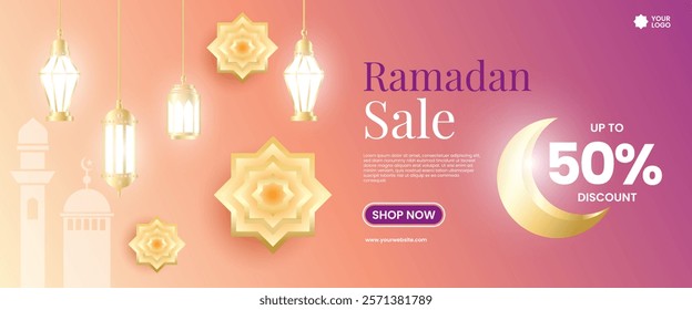 Creative concept of Ramadan Kareem Islamic banner sale template, promotion, header, web. Modern art design with pattern of beautiful Arabic ornament the backdrop of a bright big crescent moon and star