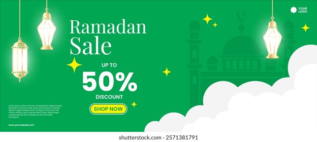 Creative concept of Ramadan Kareem Islamic banner sale template, promotion, header, web. Modern art design with pattern of beautiful Arabic ornament the backdrop of a bright big crescent moon and star