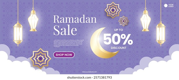 Creative concept of Ramadan Kareem Islamic banner sale template, promotion, header, web. Modern art design with pattern of beautiful Arabic ornament the backdrop of a bright big crescent moon and star