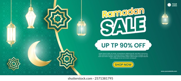 Creative concept of Ramadan Kareem Islamic banner sale template, promotion, header, web. Modern art design with pattern of beautiful Arabic ornament the backdrop of a bright big crescent moon and star