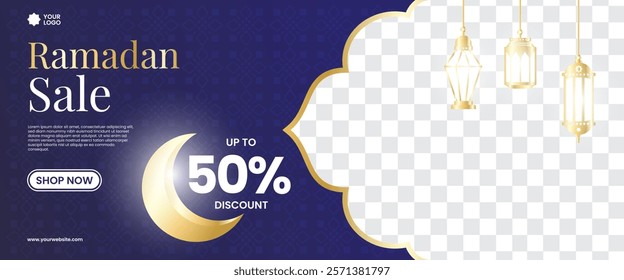 Creative concept of Ramadan Kareem Islamic banner sale template, promotion, header, web. Modern art design with pattern of beautiful Arabic ornament the backdrop of a bright big crescent moon and star