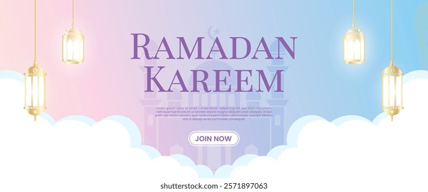 Creative concept of Ramadan Kareem Islamic banner, header, web template. Modern art design with pattern of beautiful Arabic ornament the backdrop of a bright big crescent moon and star