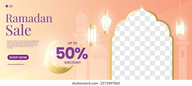 Creative concept of Ramadan Kareem Islamic banner sale template, promotion, header, web. Modern art design with pattern of beautiful Arabic ornament the backdrop of a bright big crescent moon and star