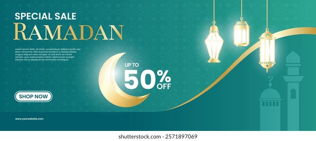 Creative concept of Ramadan Kareem Islamic banner sale template, promotion, header, web. Modern art design with pattern of beautiful Arabic ornament the backdrop of a bright big crescent moon and star