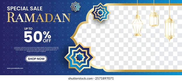 Creative concept of Ramadan Kareem Islamic banner sale template, promotion, header, web. Modern art design with pattern of beautiful Arabic ornament the backdrop of a bright big crescent moon and star