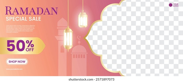 Creative concept of Ramadan Kareem Islamic banner sale template, promotion, header, web. Modern art design with pattern of beautiful Arabic ornament the backdrop of a bright big crescent moon and star