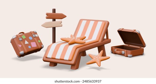Creative concept of relaxing on beach with nobody. Starfish, sunbed, suitcases, road sign