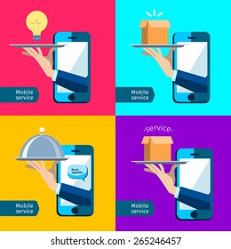 Creative concept, restaurant cloche in hand, app service, enjoy your meal. Mobile service, delivery service, buon appetito