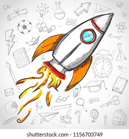 Creative Concept. Rocket Launch Education Doodles Background 