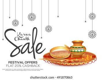 Creative concept sale poster or sale banner with decorated pooja thali for indian festival of karwa chauth celebration.