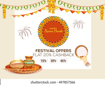 Creative concept sale poster or sale banner with decorated pooja thali for indian festival of karwa chauth celebration.