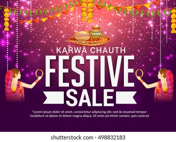 Creative concept sale poster or sale banner with indian women see moonrise for praying,decorated pooja thali for indian festival of karwa chauth celebration.