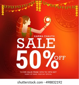 Creative concept sale poster or sale banner with indian women see moonrise for praying ,decorated pooja thali for indian festival of karwa chauth celebration.
