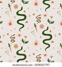 Creative concept of seamless on-trend pattern with a mystic, taro, vintage theme