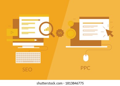 Creative concept of SEO vs PPC, difference between SEO and PPC marketing - conceptual flat design vector illustration with icons