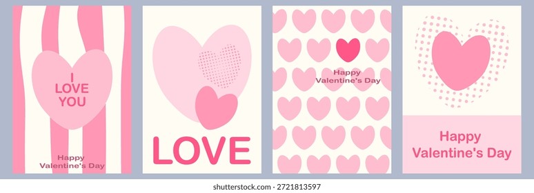 Un concepto creativo para un conjunto de 4 tarjetas "Feliz Día de San Valentín". Diseño abstracto moderno con corazones. Plantillas para fiestas, publicidad, branding, Anuncios, portadas, rótulos, carteles y ventas.